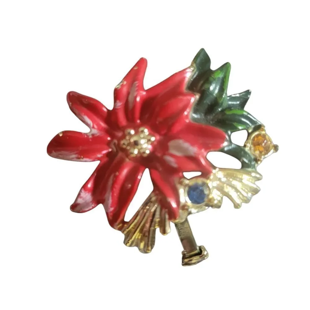 Elegant Red and Green Floral Brooch